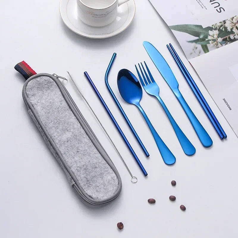 8 Pieces Cutlery Set, Stainless Steel Western Tableware, Classic Dinner Set, Knife, Fork, Straw, Restaurant Dining Dinnerware