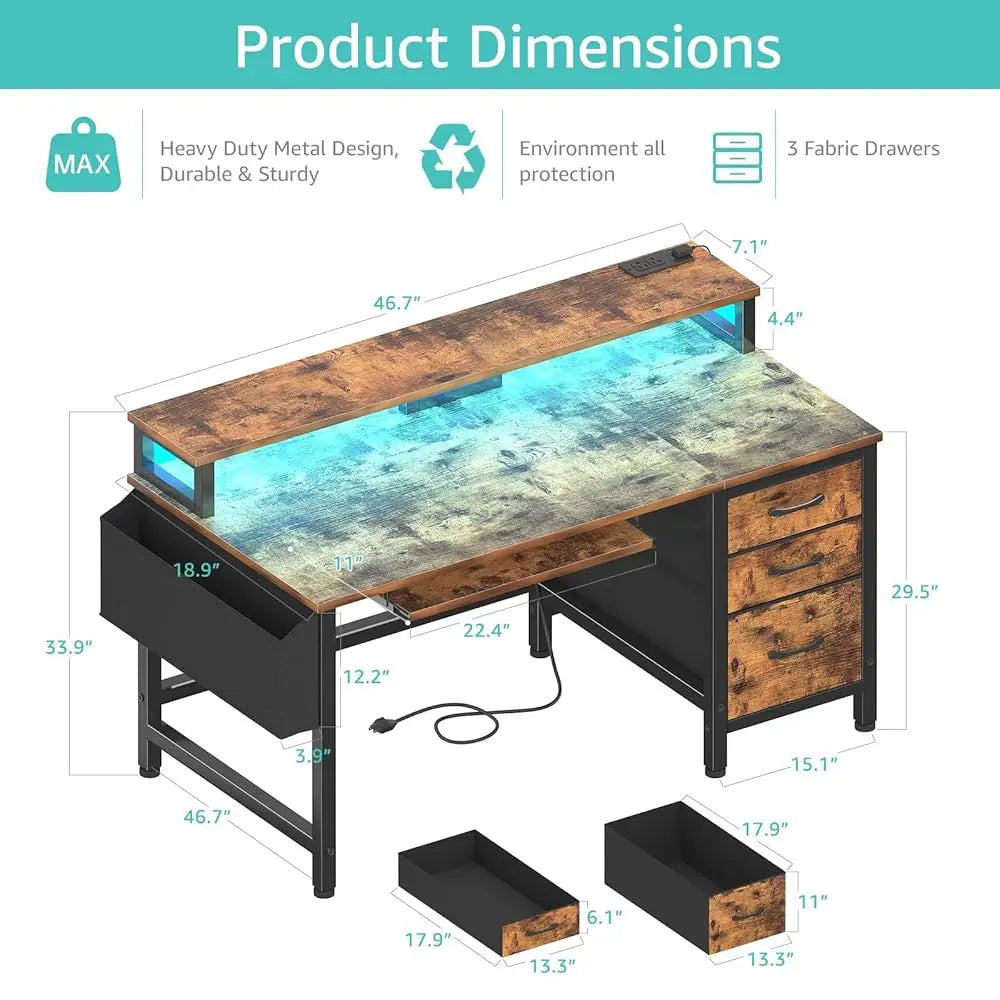 Computer Desk With File Drawers Cabinet, 47 H Home Office Desks With Keyboard Tray, Gaming Desk With Led Lights And Power