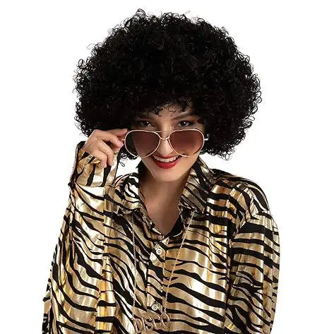 Halloween Party Hip Hop Disco Costume Funky Afro Wig Sunglasses Mustache Stick Letter Peace Sign Necklace for 90s Theme Party