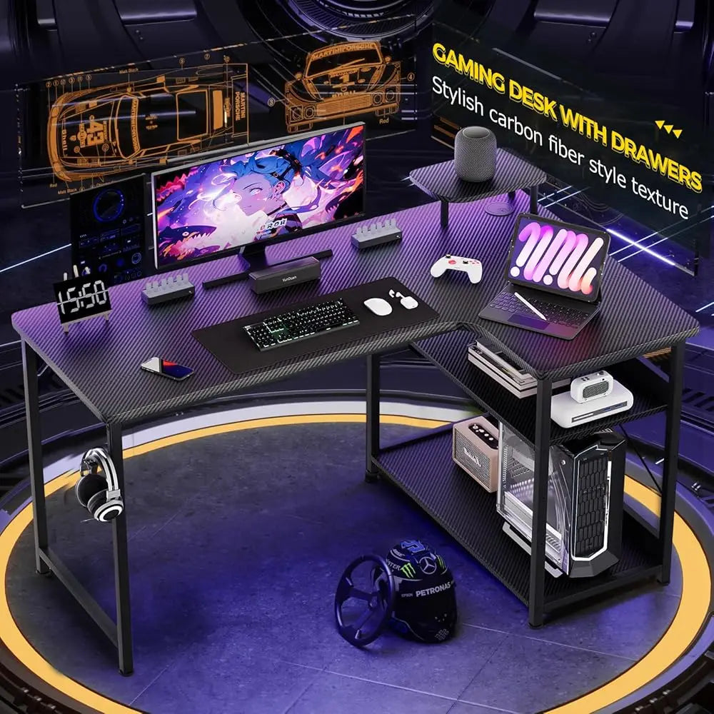 Gaming Desk L Shaped Desk Carbon Fiber Style Computer Desk Compatible With Monitor Arm Storage Shelves Corner Gaming Desk For