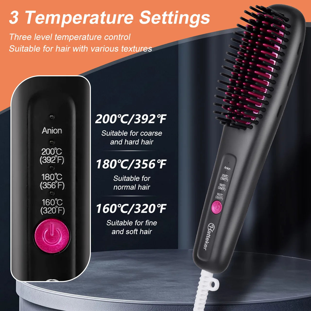 Hair Straightening Brush Portable Home Negative Ion Straightener with Multi-Heat Settings 3-Temp Ceramic Damage-Free Styling