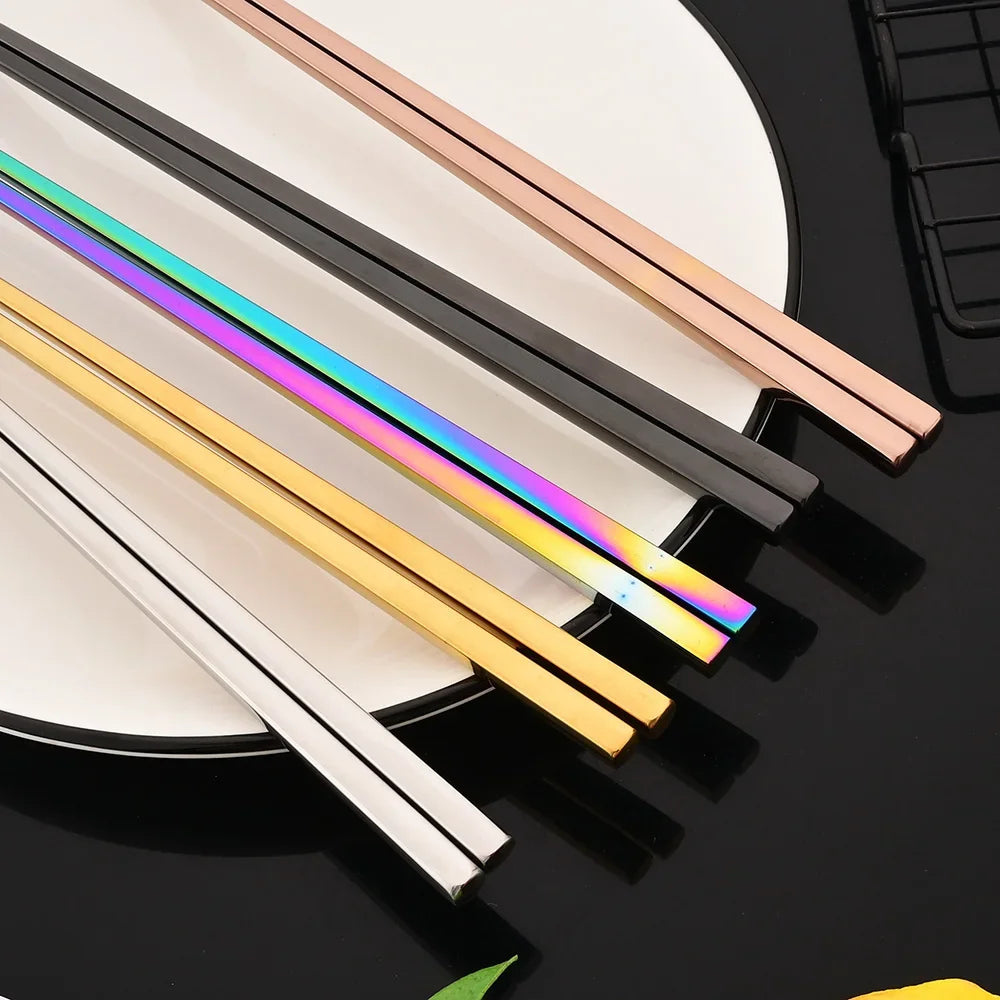 Korean 8Pcs Tableware Set High Quality Stainless Steel Dinner Set Black Gold Luxury Dinnerware Spoon Chopsticks Cutlery Set