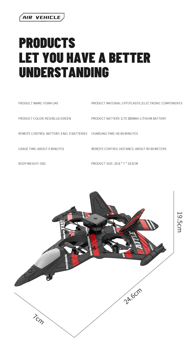RC Plane with Camera Helicopter Remote Control Aircraft Obstacle Avoidance Fighter 2.4G Airplane EPP Foam Plane Children Toys