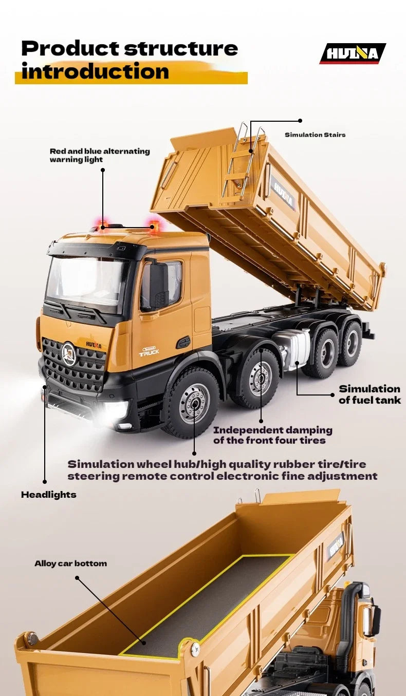 Huina 1536 1/14 Semi Alloy Transport Eight Wheeled Dump Truck With Sound And Light Remote Control Engineering Vehicle Toy Gift
