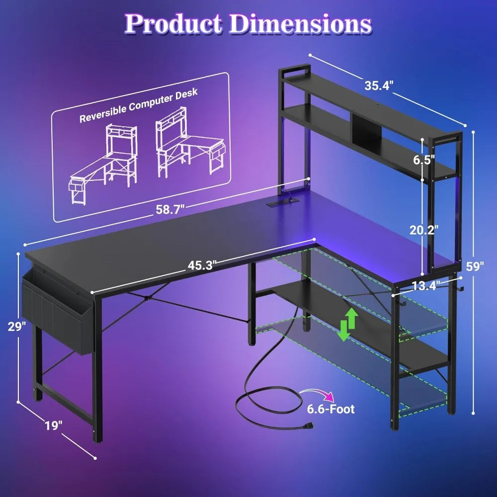 LED Lighted Power Outlet L-Shaped Gaming Desk, 59 Large Computer Desk for Home Office and Gamers with Reversible Design