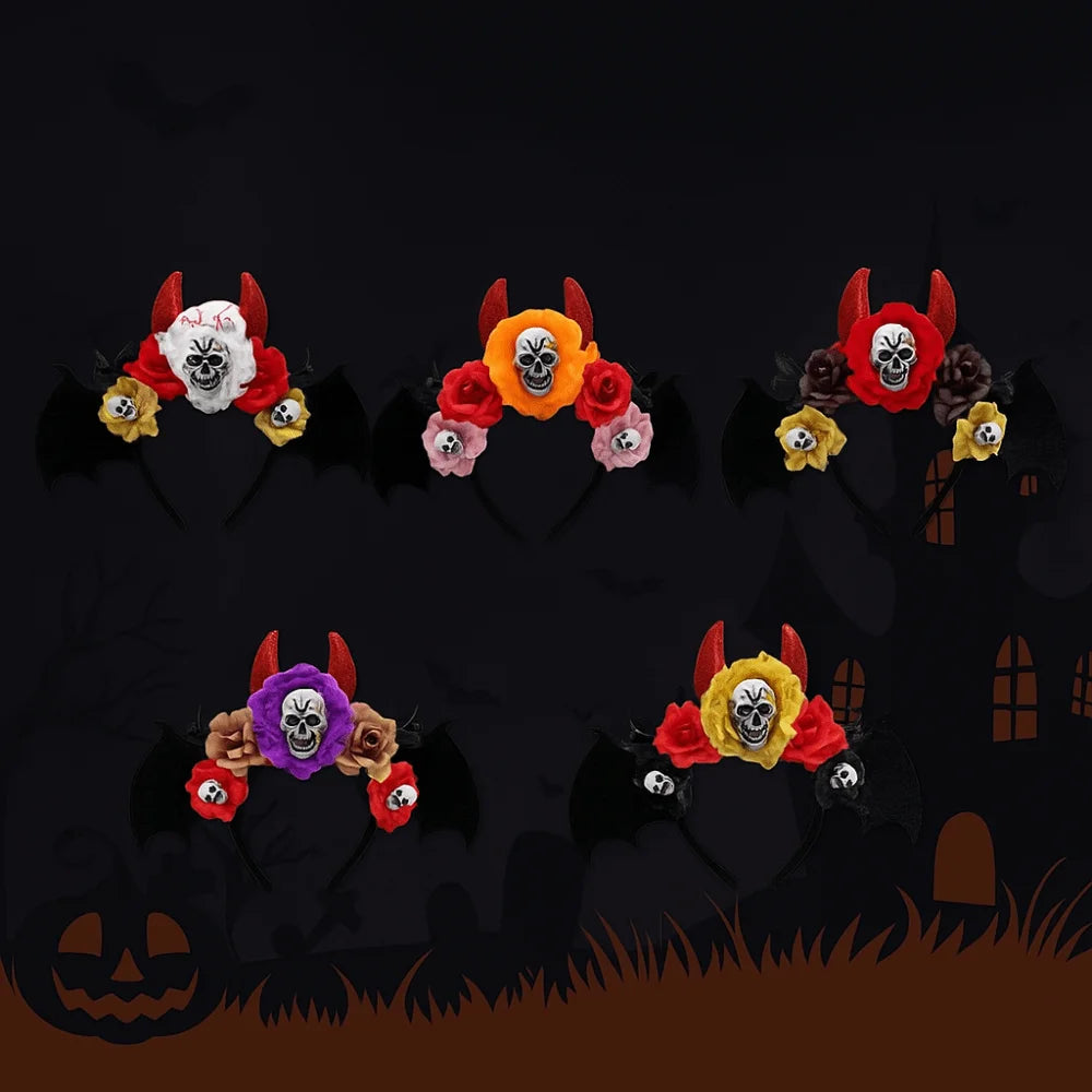 Gothic Skull Head Hair Hoop Simulation Flowers Bat Halloween Skull Headband Dark Decor Day of The Dead Hairband Girls/Children
