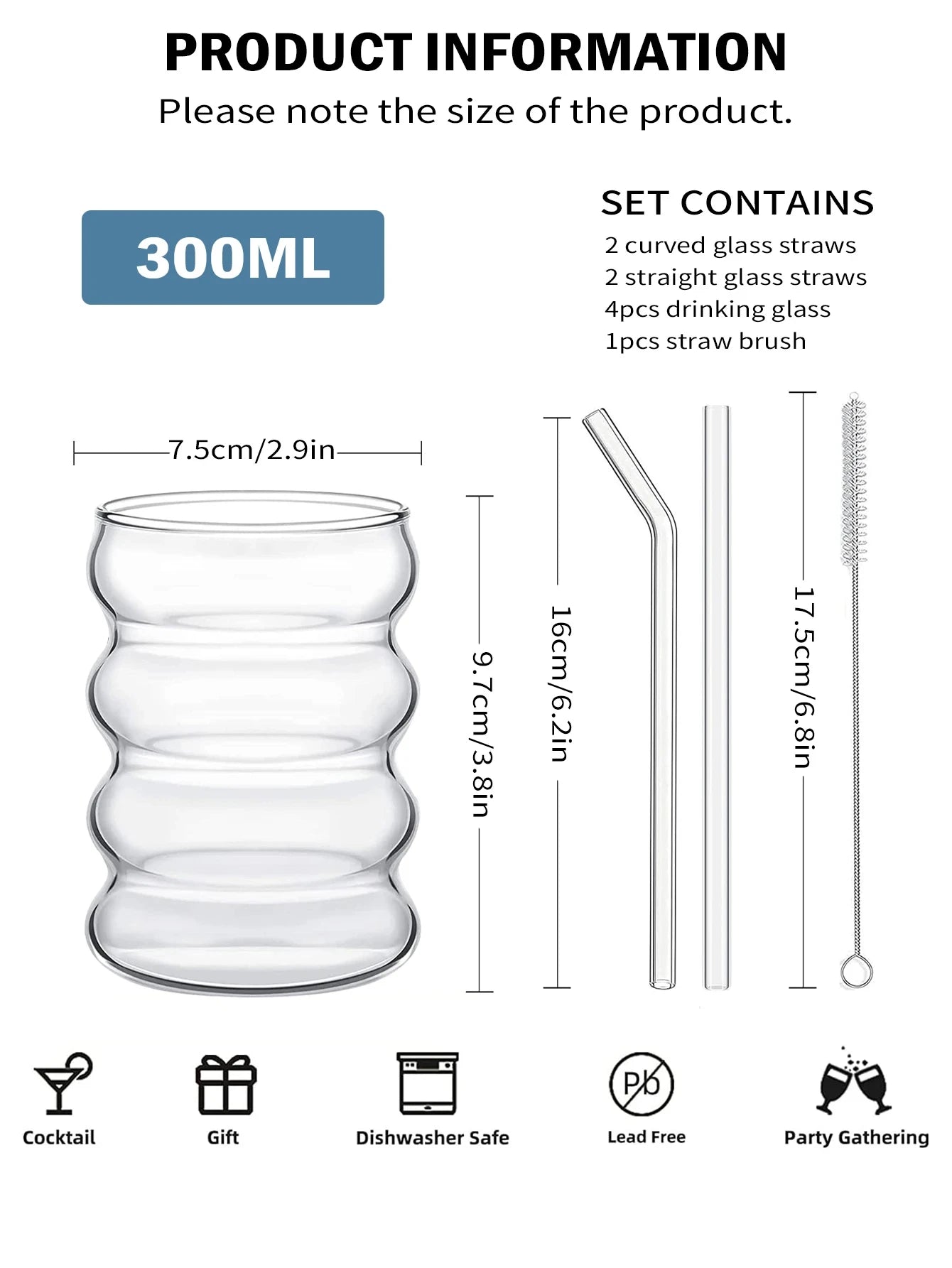 2/4PCS Wave Shape Beverage Glasses With Straws Vintage Glass Cups Ripple Drinking Glasses for Wine Champagne Milk Coffee Cup