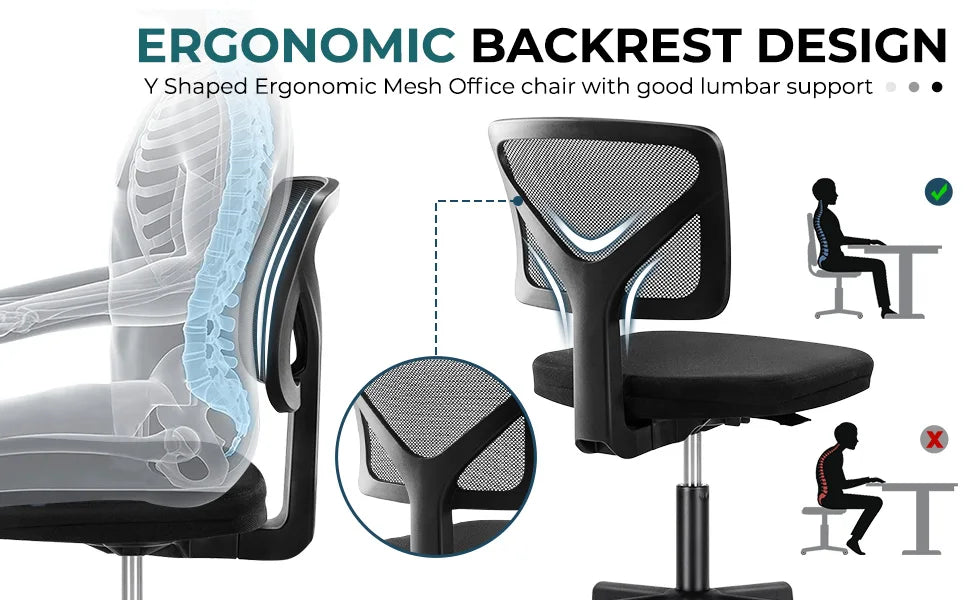 JHK Mesh with Lumbar Support Armless Office Chair Low Back with Wheels Adjustable Height 360° Rolling Swivel Computer Chair