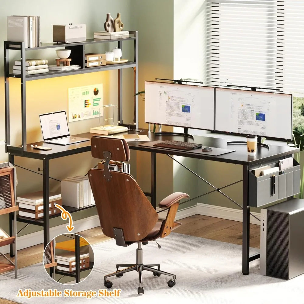 LED Lighted Power Outlet L-Shaped Gaming Desk, 59 Large Computer Desk for Home Office and Gamers with Reversible Design