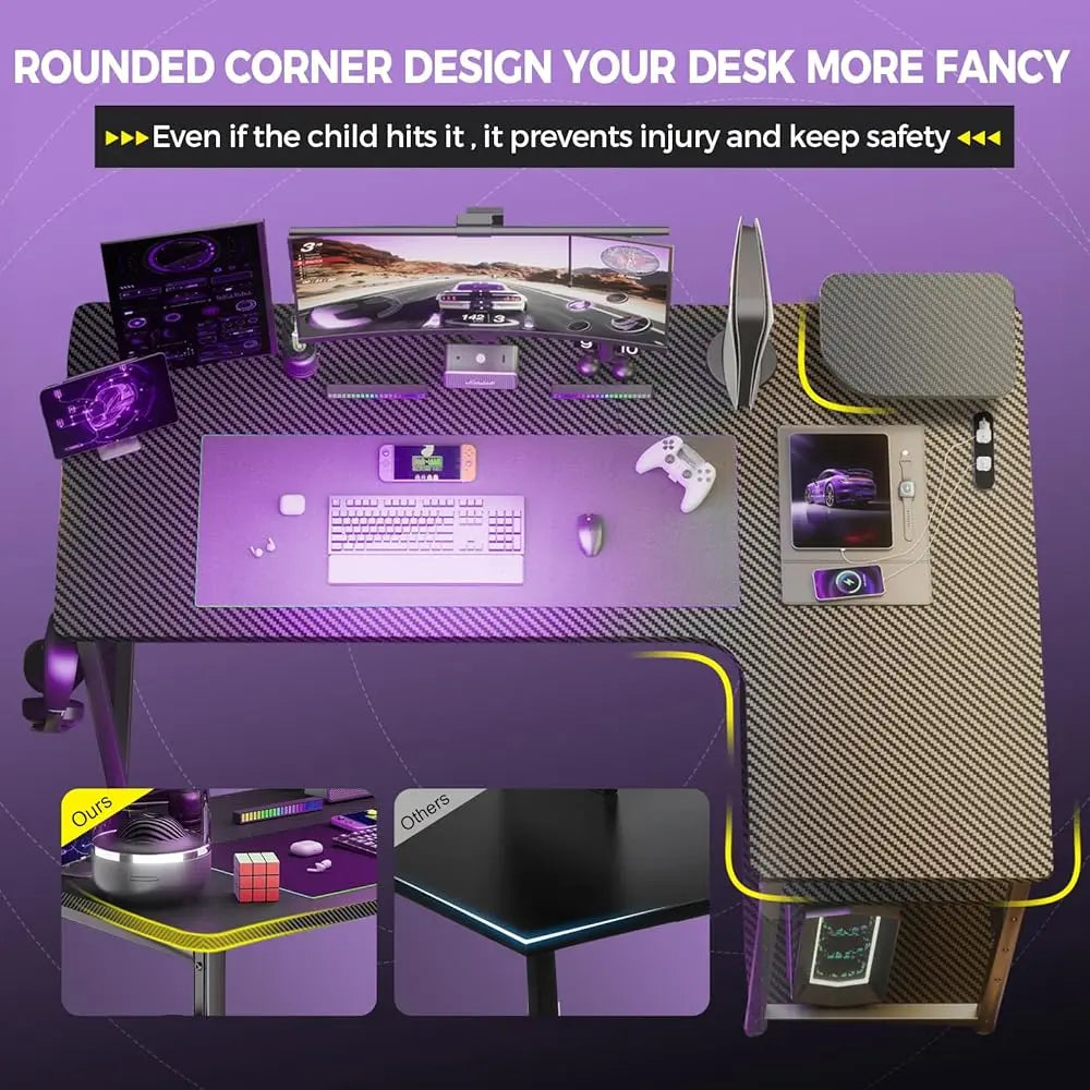 Gaming Desk L Shaped Desk Carbon Fiber Style Computer Desk Compatible With Monitor Arm Storage Shelves Corner Gaming Desk For