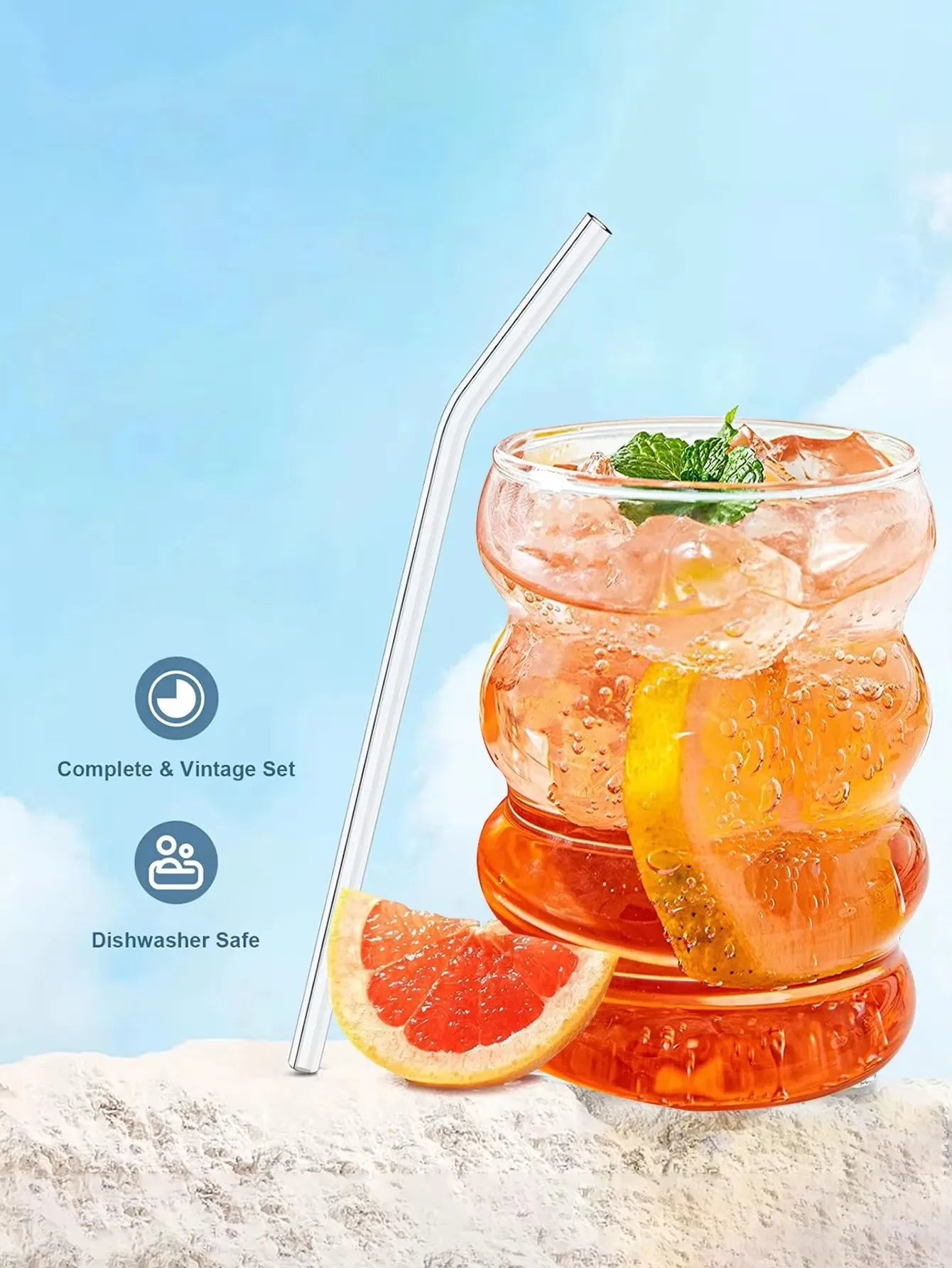 2/4PCS Wave Shape Beverage Glasses With Straws Vintage Glass Cups Ripple Drinking Glasses for Wine Champagne Milk Coffee Cup