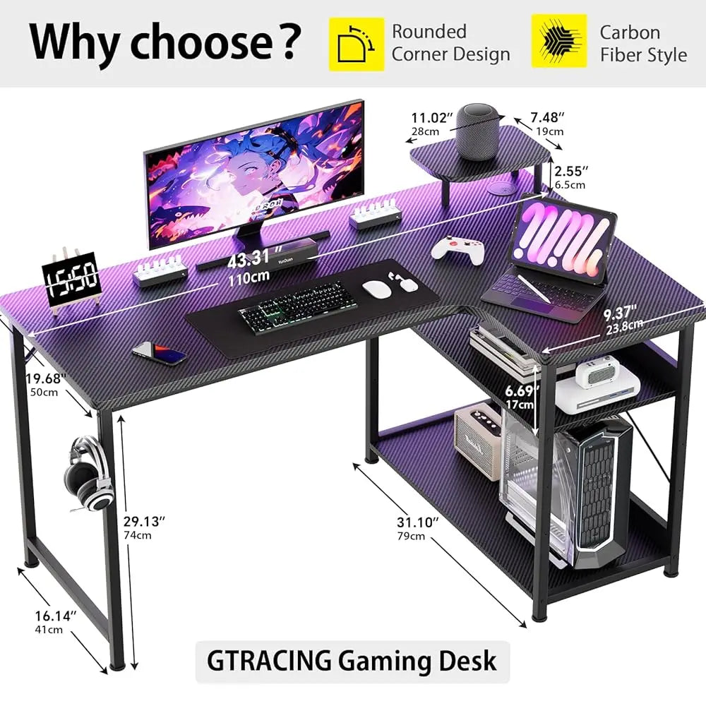 Gaming Desk L Shaped Desk Carbon Fiber Style Computer Desk Compatible With Monitor Arm Storage Shelves Corner Gaming Desk For