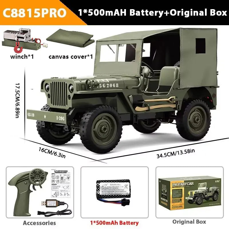 C8815 1/10 WILLYS 2.4G Rc Car 1941 4WD RTR Crawler Climbing Scale Military Truck Offroad Vehicle Adult Toys Gift For Kids