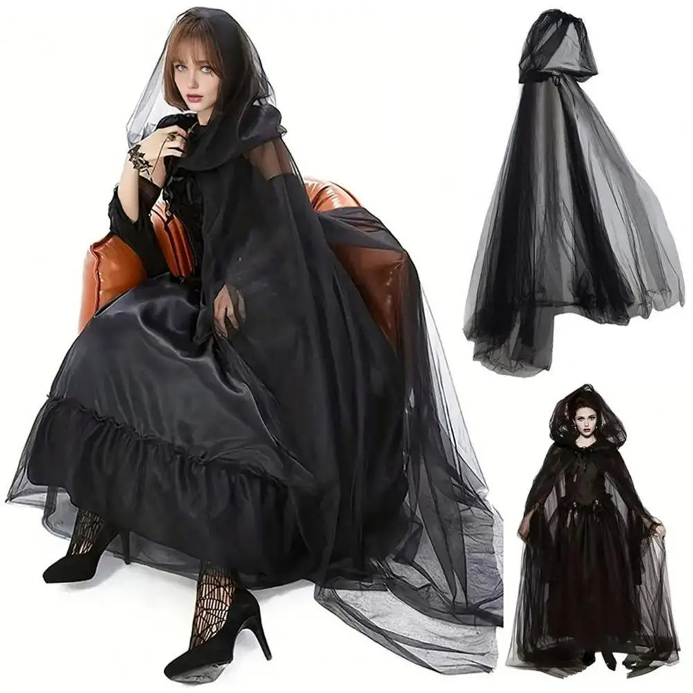 Halloween Ghost Cosplay Costume Cloak Adult Hooded Lace-up Witch Cloak Costume Full-Length Sheer Cape with Oversized Hood