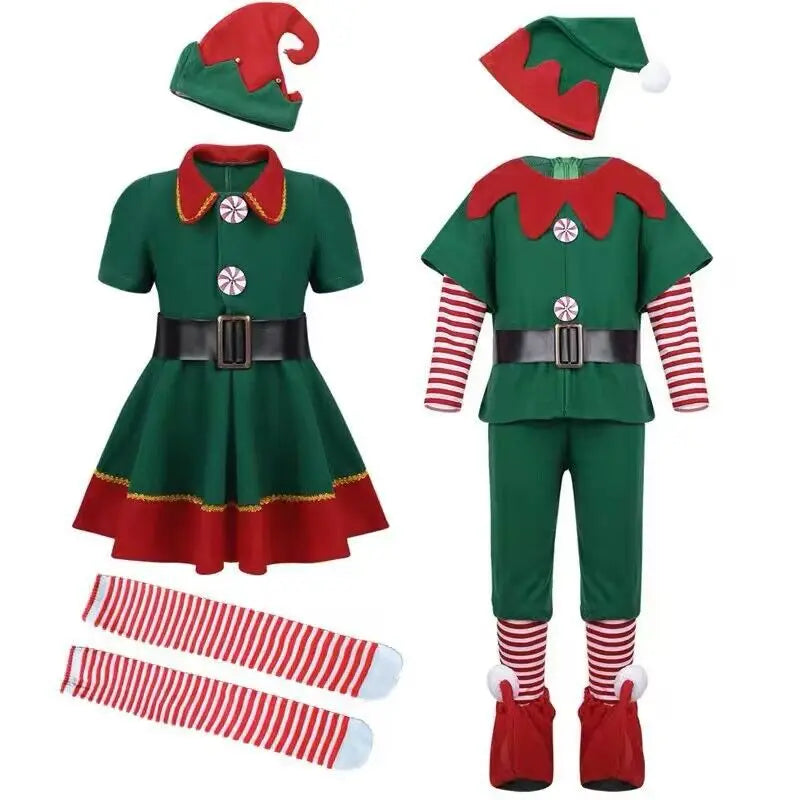2025Children and adults Christmas elf costumes, Santa Claus costume sets, green elves, Halloween cosplay, 2024 new products