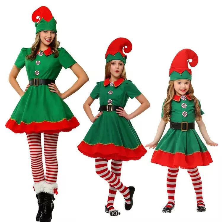 2025Children and adults Christmas elf costumes, Santa Claus costume sets, green elves, Halloween cosplay, 2024 new products