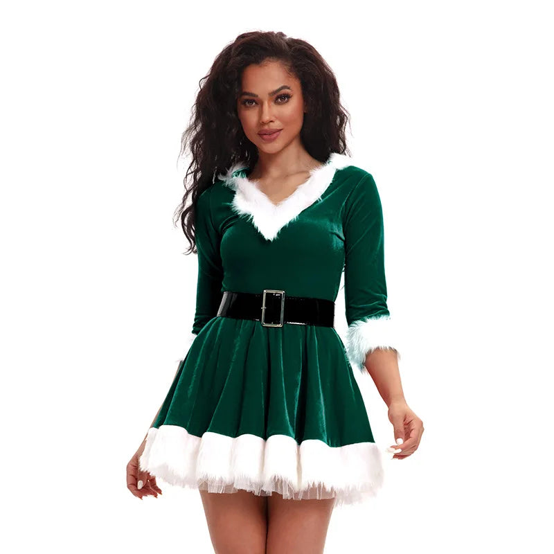 New Fashion Women Half Sleeve Solid Popular Ladies Santa Claus Xmas Theme Costume Cosplay Outfit Waistbelt Fancy Christmas Dress
