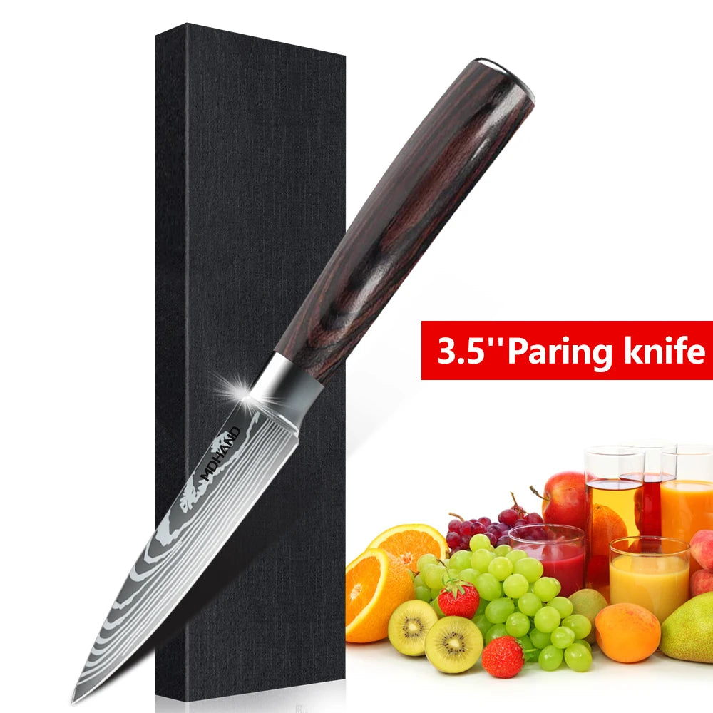 MDHAND 1-10PCS Chef knife Japanese Kitchen Knives Set Professional Laser Damascus Pattern Stainless Steel Cleaver Slicer Knife
