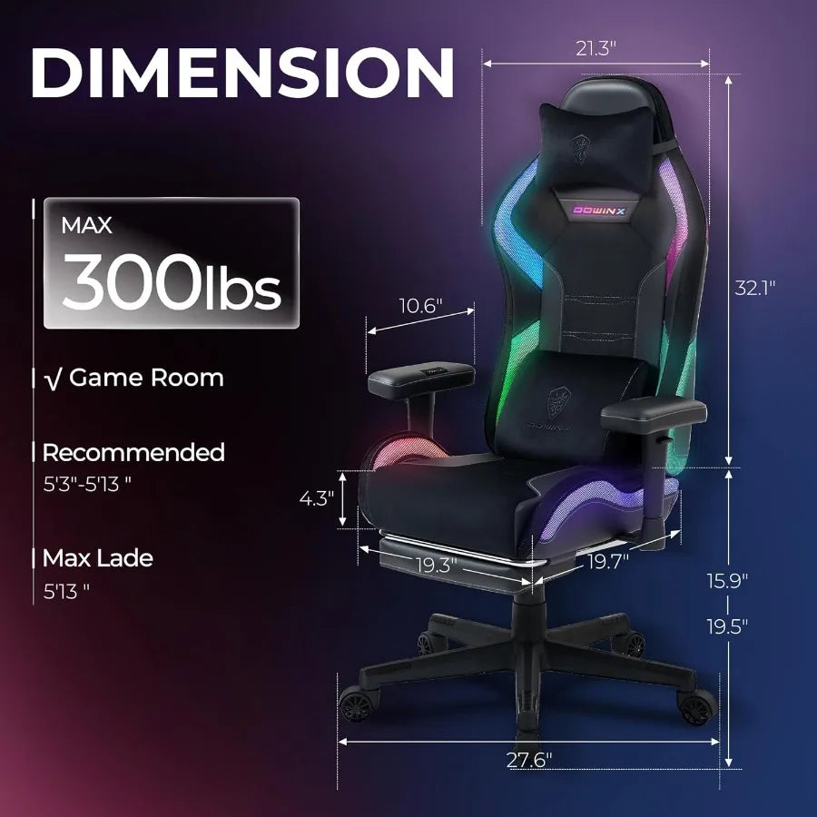 Gaming Chair with RGB LED Lights Ergonomic Game Chair with Footrest Massage Lumbar Support Computer Gamer Chair for Adults Teen
