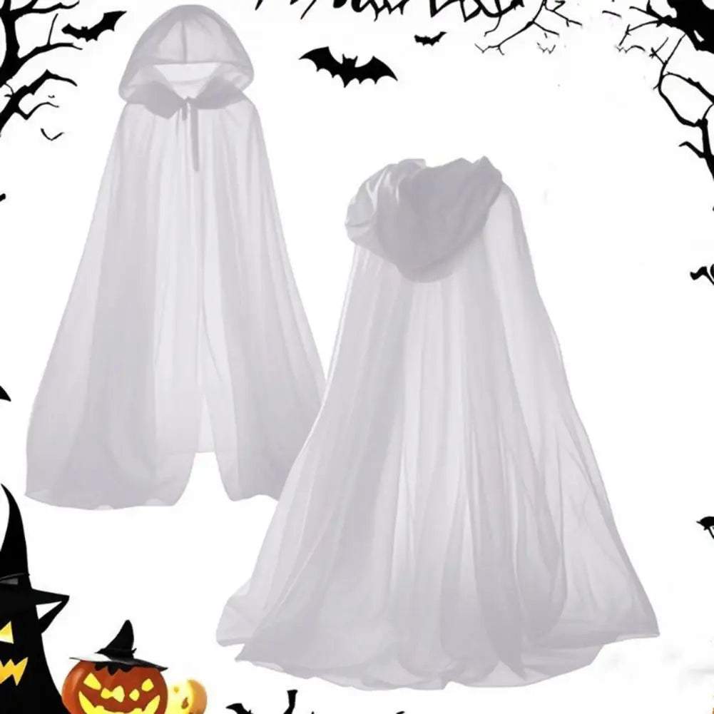 Halloween Ghost Cosplay Costume Cloak Adult Hooded Lace-up Witch Cloak Costume Full-Length Sheer Cape with Oversized Hood