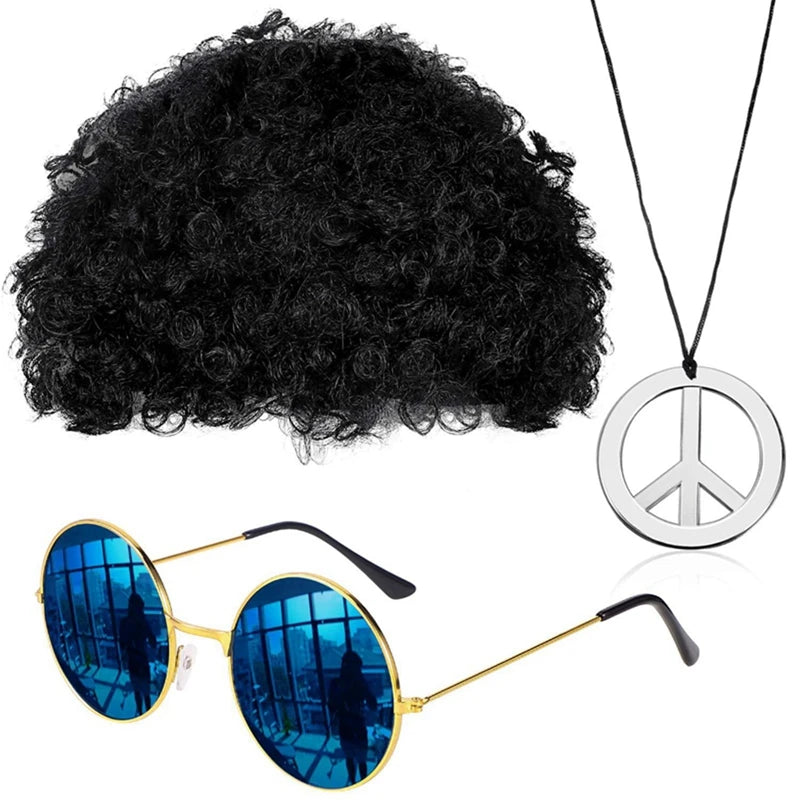 Halloween Party Hip Hop Disco Costume Funky Afro Wig Sunglasses Mustache Stick Letter Peace Sign Necklace for 90s Theme Party