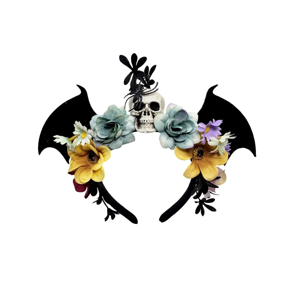 Dark Skull Head Headband Halloween Decor Bat Halloween Skull Headband Simulation Flowers Gothic Day of The Dead Headband Party