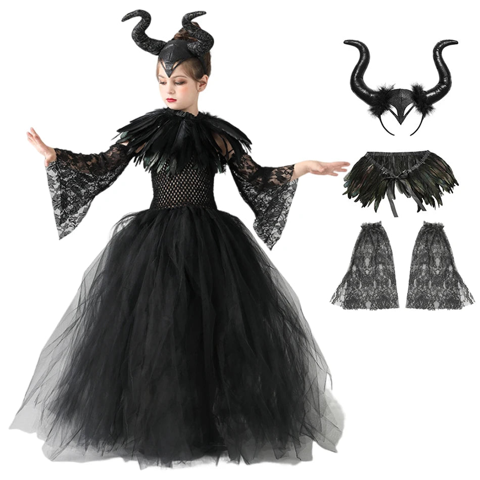 Carnival Costume Maleficent Tutu Girls Cosplay Evil Queen Black Mesh Princess Dress Children's Raven Wand Demonic Witch Dress