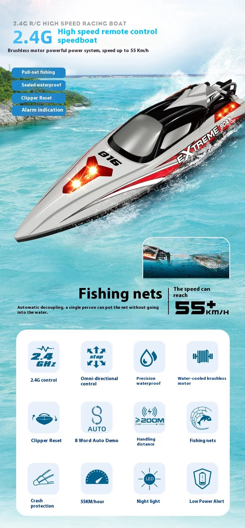 Hxjrc HJ816 High-Speed RC Boat 2.4G 55km/h Brushless Motor LED Light Speedboat Waterproof Electric Racing Model Toy