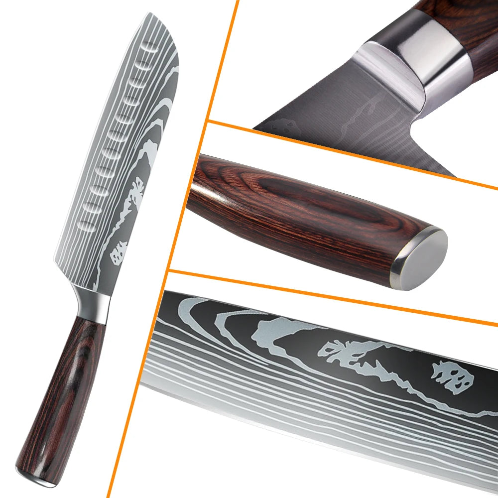 MDHAND 1-10PCS Chef knife Japanese Kitchen Knives Set Professional Laser Damascus Pattern Stainless Steel Cleaver Slicer Knife