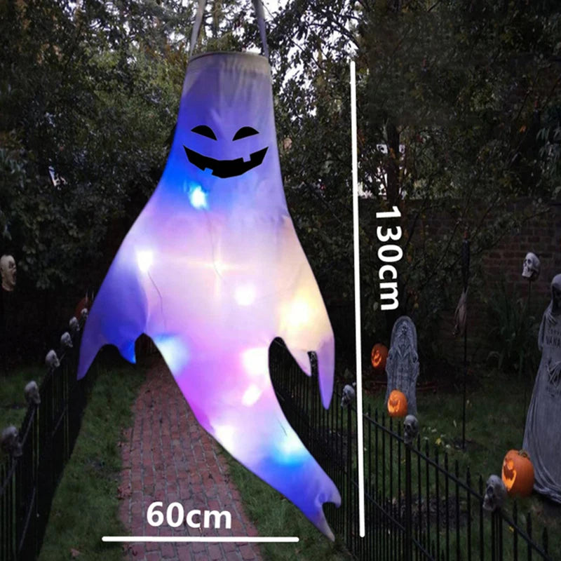 Halloween Ghost Hanging with LED Light Spooky Ghost Flag Indoor Outdoor Prop Decoration Tree Pendant Ornament Party DIY Supplies