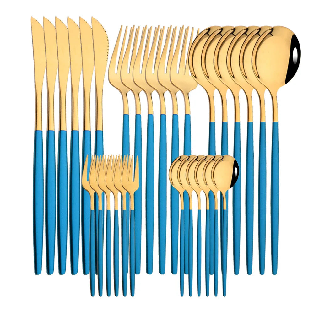 30Pcs/Set Stainless Steel Dinner Black Gold Dinnerware Set Knife Fruit Fork Spoon Cutlery Set Kitchen Tableware Silverware Sets