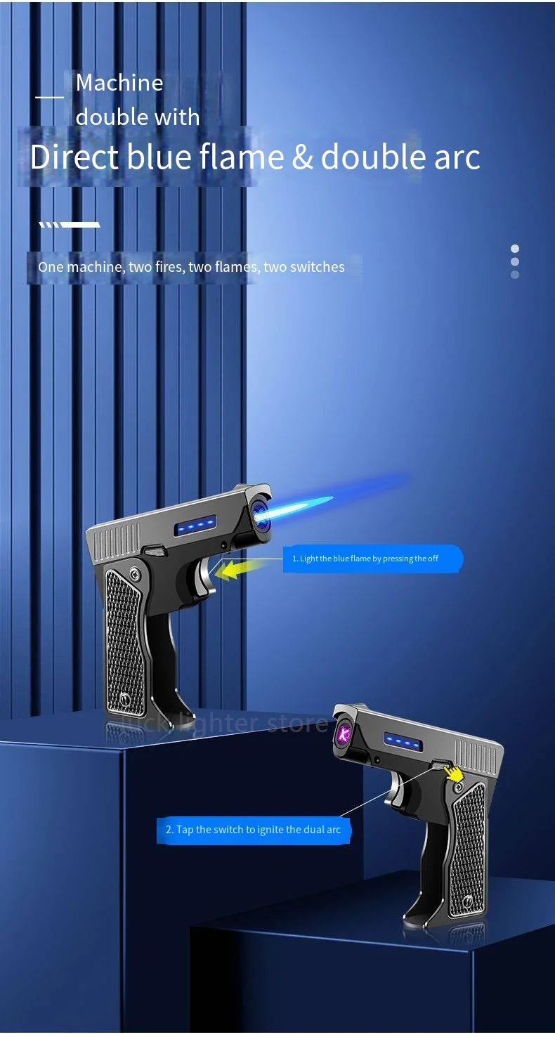 Gas-Electric Dual-Purpose Lighter Windproof Jet Lighter Double-Arc Cigarette Lighter Foldable Gun-Type Lighter Men'S Gadget Gift