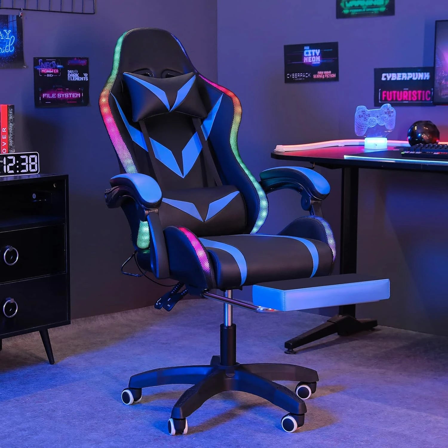 Gaming Chair with Bluetooth Speakers and RGB LED Lights Ergonomic Massage Computer Gaming Chair  Blue and Black