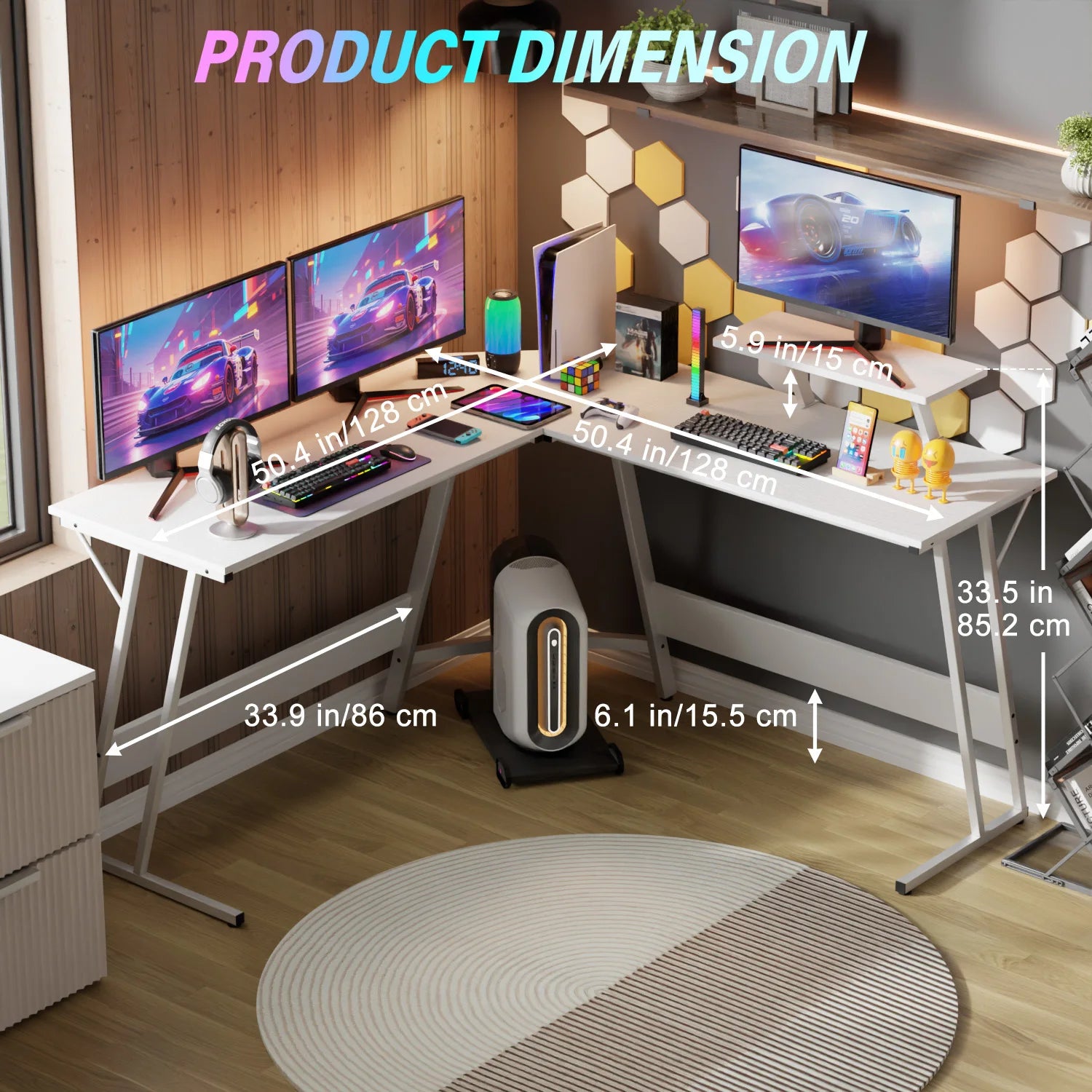 Gaming Desk L Shaped Corner Computer Desk, Home Office Desks Writing Workstation with Large Monitor Stand Easy to Assemble