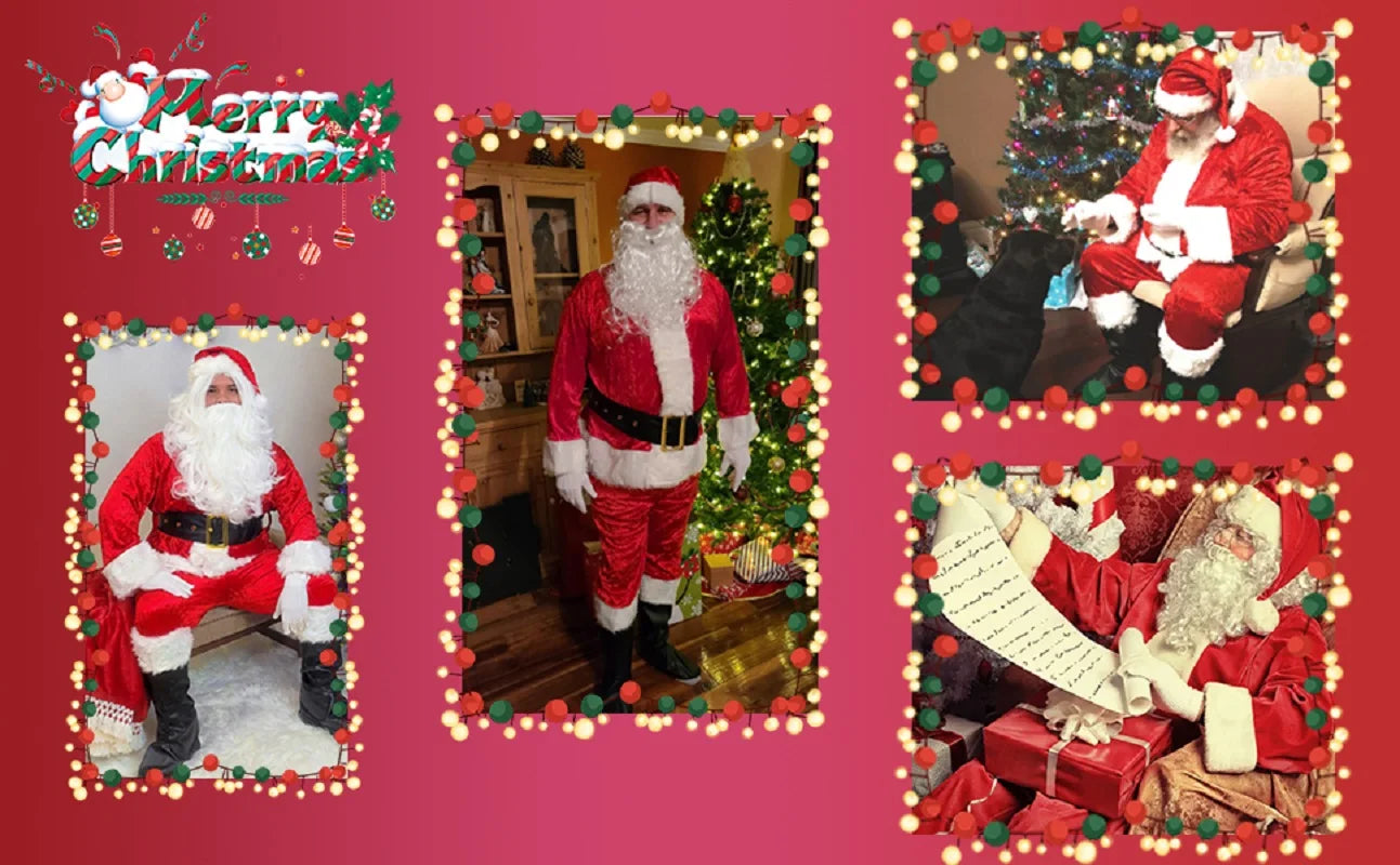 Santa Claus Costume Christmas Complete Dress-Up Outfit For Adult Santa Suit With Hat Men Cosplay Costumes 7PCS