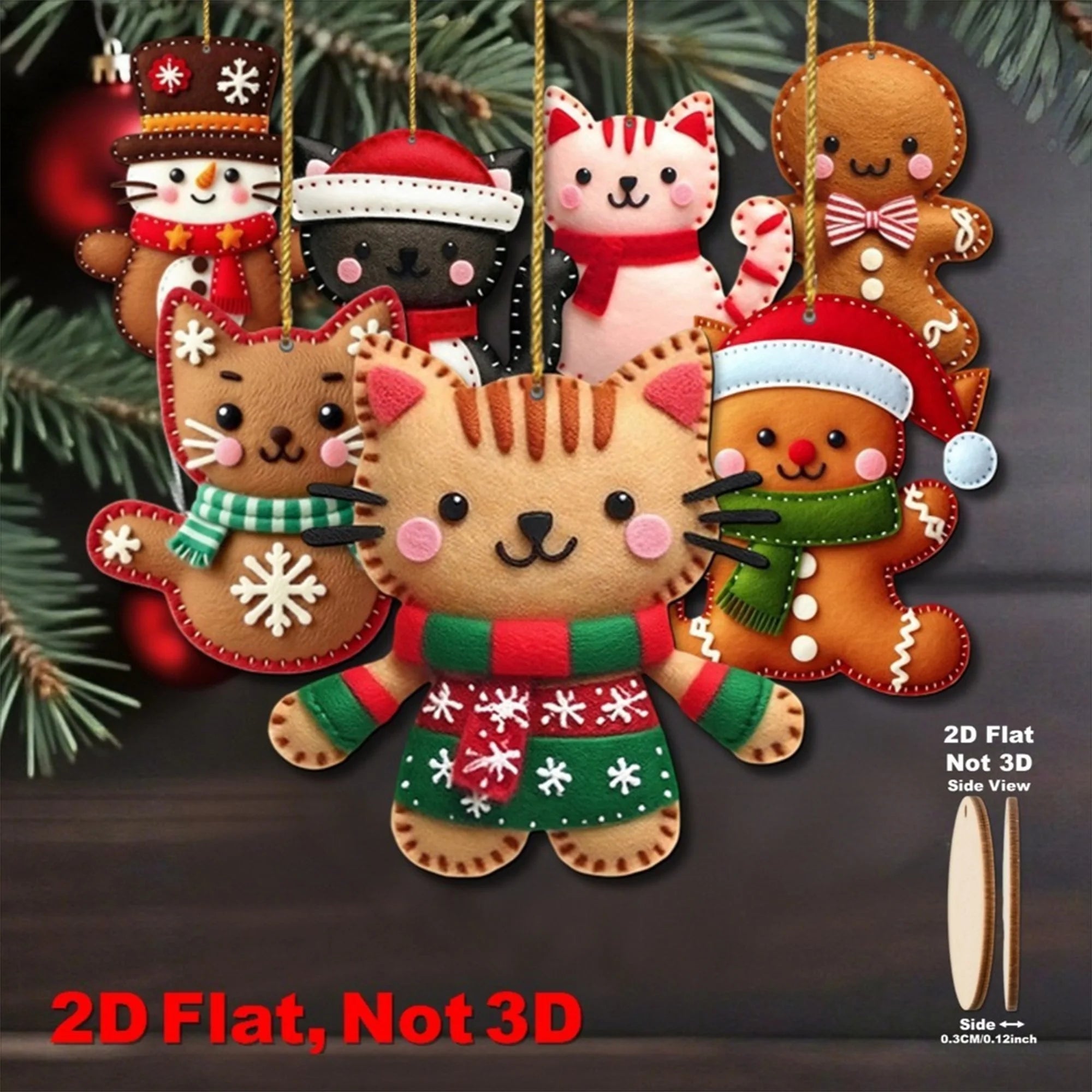 Wooden Christmas Cat Ornaments - Festive 2D Flat Hanging Decorations for Home Office and Holiday Celebrations - Set of 6