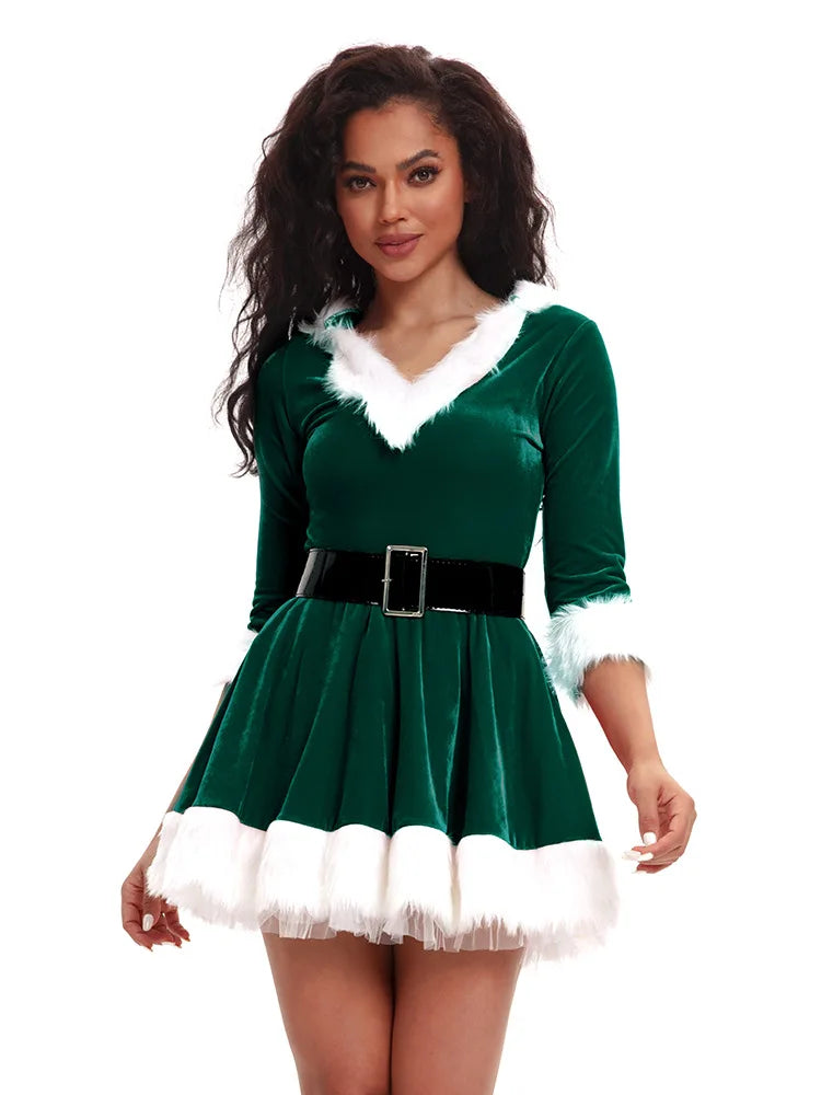 New Fashion Women Half Sleeve Solid Popular Ladies Santa Claus Xmas Theme Costume Cosplay Outfit Waistbelt Fancy Christmas Dress