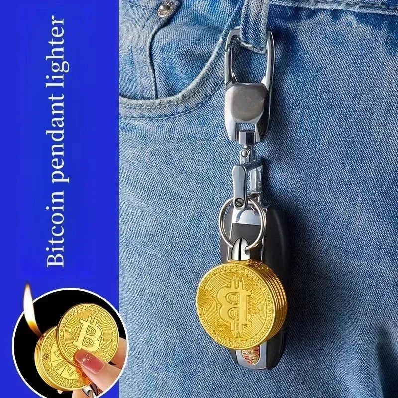 Bitcoin Torch Lighter Virtual Commemorative Coin Pendant Lighter Refillable Butane Gas Lighter Portable Cigarette Accessory