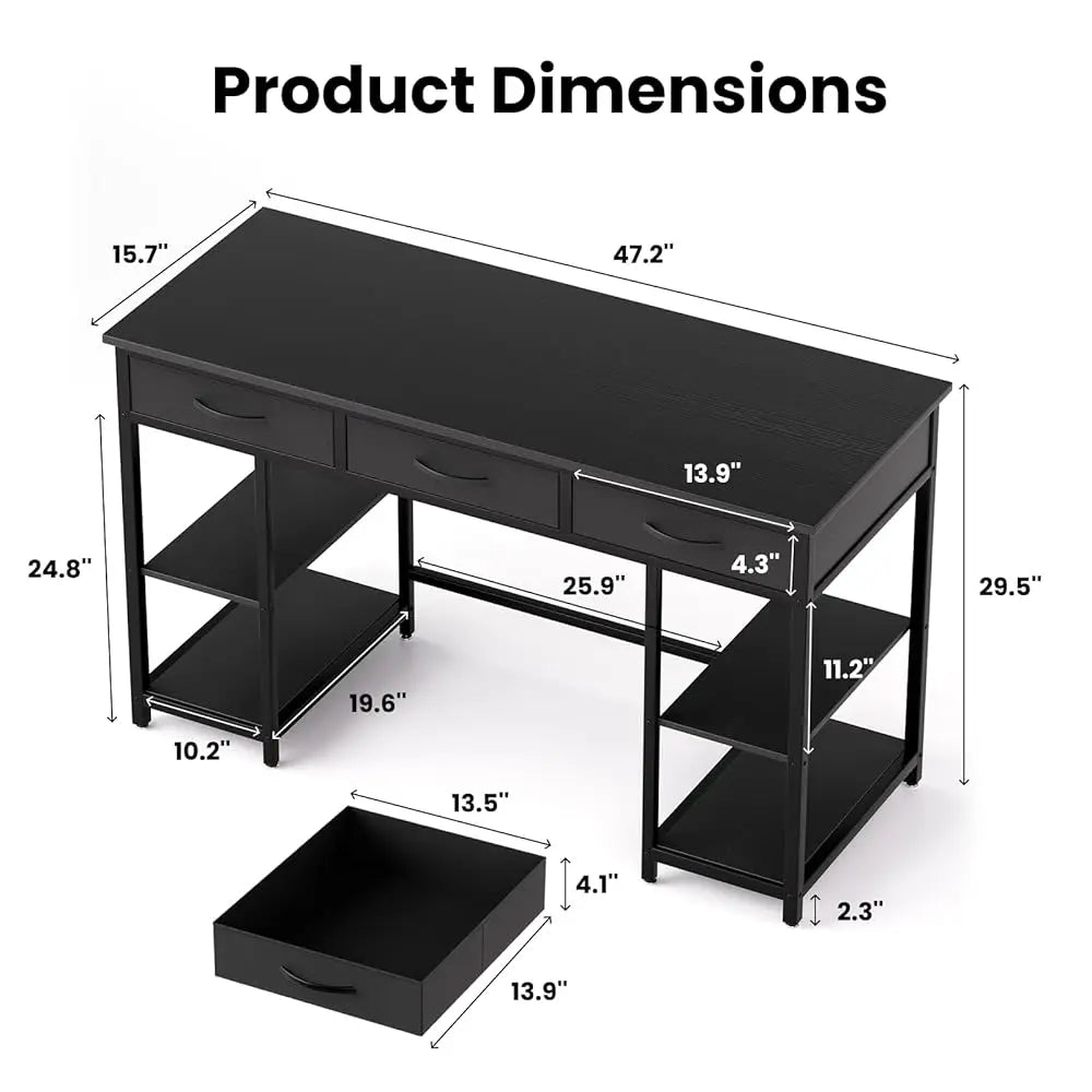 47-Inch Computer Desk With 3 Drawers, Small Home Office Desk With Storage Shelves And Sturdy Metal Frame, Black