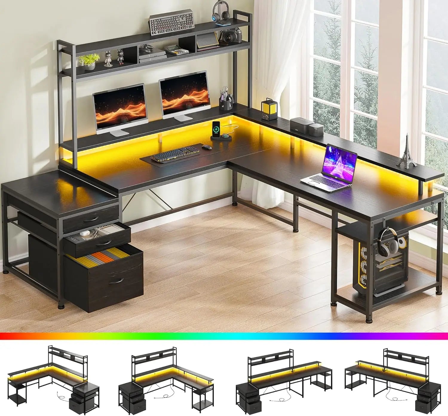Large L Shaped Gaming Desk with Hutch and Drawers,64" W L Shaped Desk with Storage Shelves,Monitor Stand and LED Light for Home