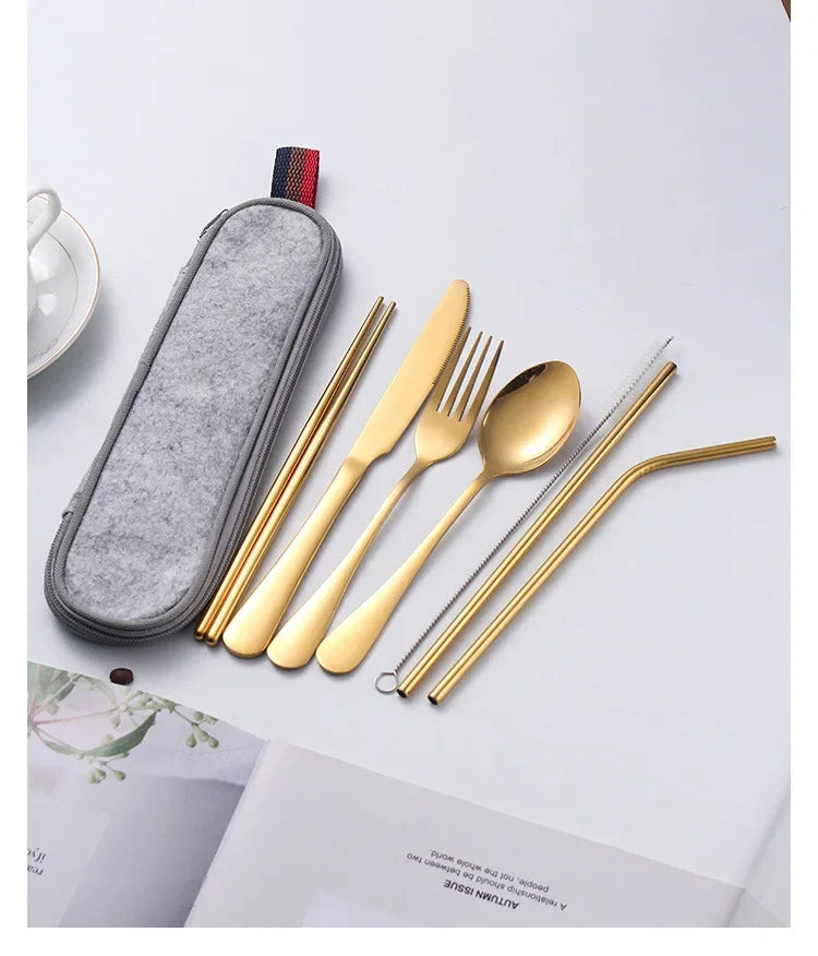 8 Pieces Cutlery Set, Stainless Steel Western Tableware, Classic Dinner Set, Knife, Fork, Straw, Restaurant Dining Dinnerware