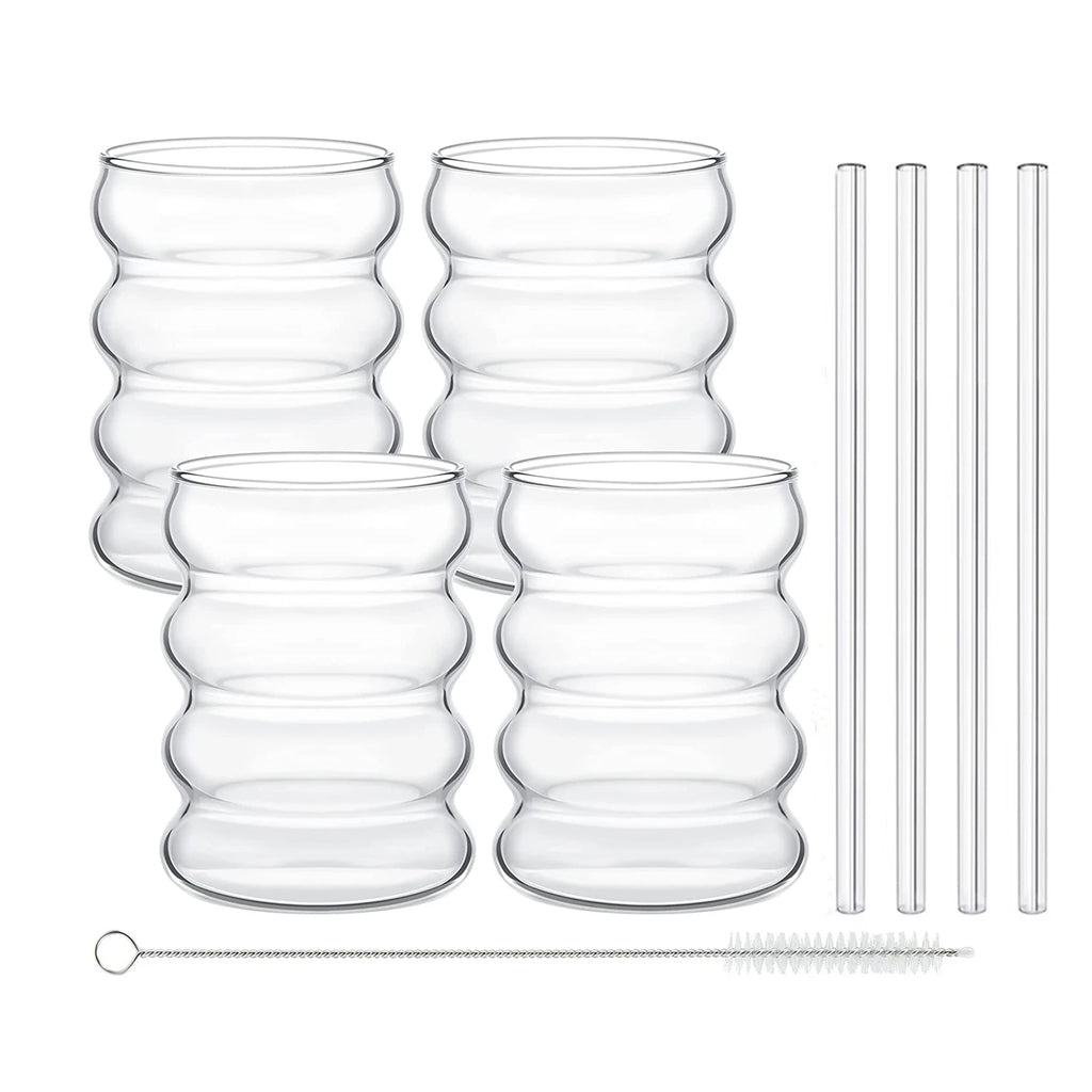 2/4PCS Wave Shape Beverage Glasses With Straws Vintage Glass Cups Ripple Drinking Glasses for Wine Champagne Milk Coffee Cup