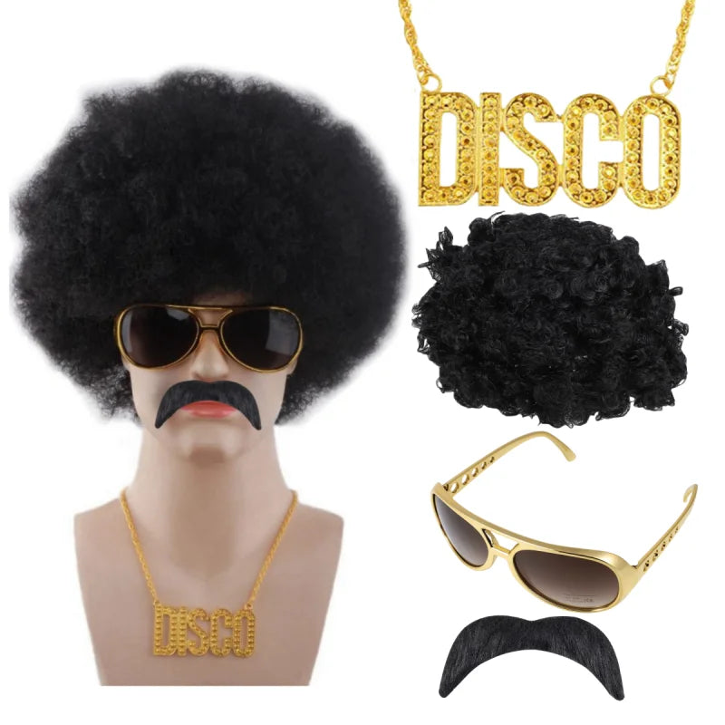 Halloween Party Hip Hop Disco Costume Funky Afro Wig Sunglasses Mustache Stick Letter Peace Sign Necklace for 90s Theme Party
