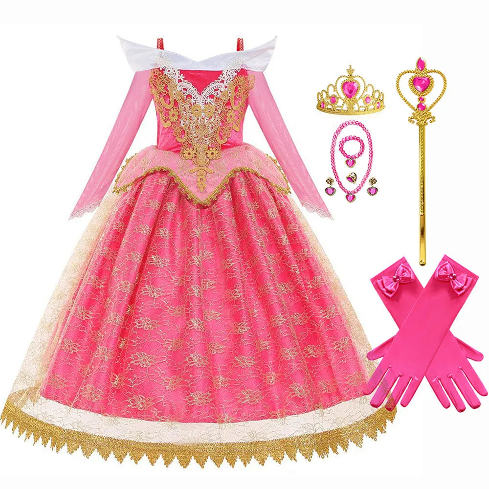 Halloween Costume  Autumn and Winter New Girls Aurora Dress Sleeping Beauty Princess Aurora Skirt Super Fairy Foreign Style Lace
