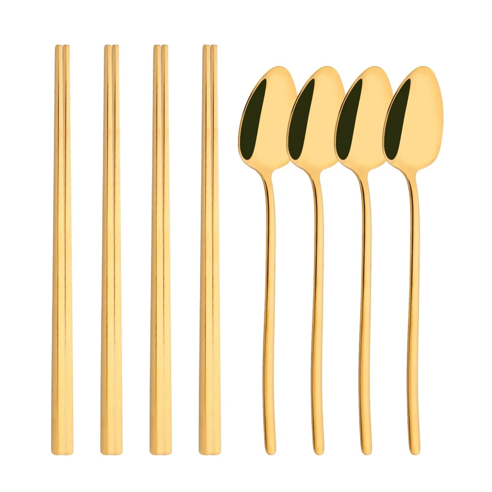 Korean 8Pcs Tableware Set High Quality Stainless Steel Dinner Set Black Gold Luxury Dinnerware Spoon Chopsticks Cutlery Set