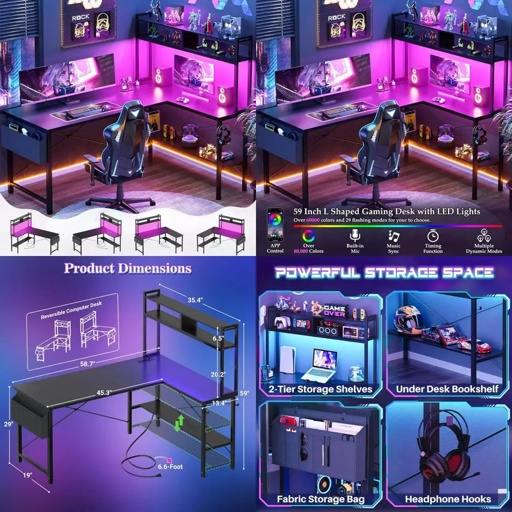 LED Lighted Power Outlet L-Shaped Gaming Desk, 59 Large Computer Desk for Home Office and Gamers with Reversible Design