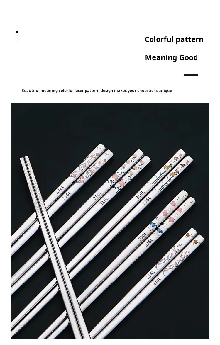 Traditional Chinese Style Color Printed Titanium-plated 316L Stainless Steel Chopsticks Non-Slip Anti-Mold Household Tableware