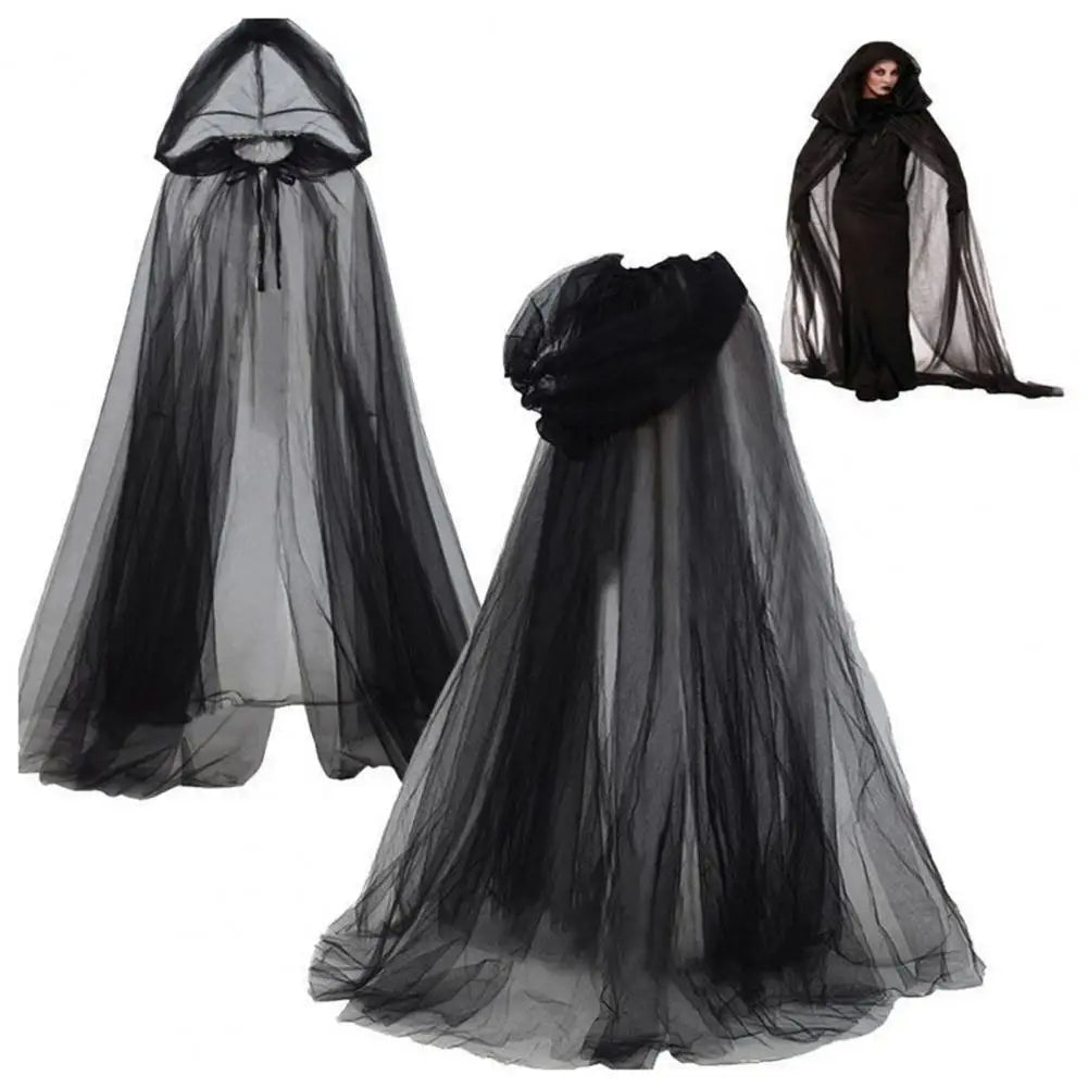 Halloween Ghost Cosplay Costume Cloak Adult Hooded Lace-up Witch Cloak Costume Full-Length Sheer Cape with Oversized Hood
