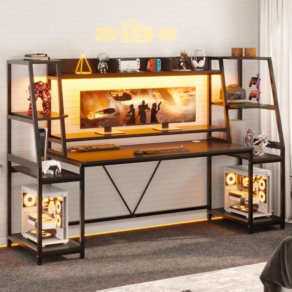 Gaming Desk 78.8'' with LED Lights, Hutch and Storage Shelves, Computer Desk with Monitor Stand, Large PC Gamer Desk Workstatio
