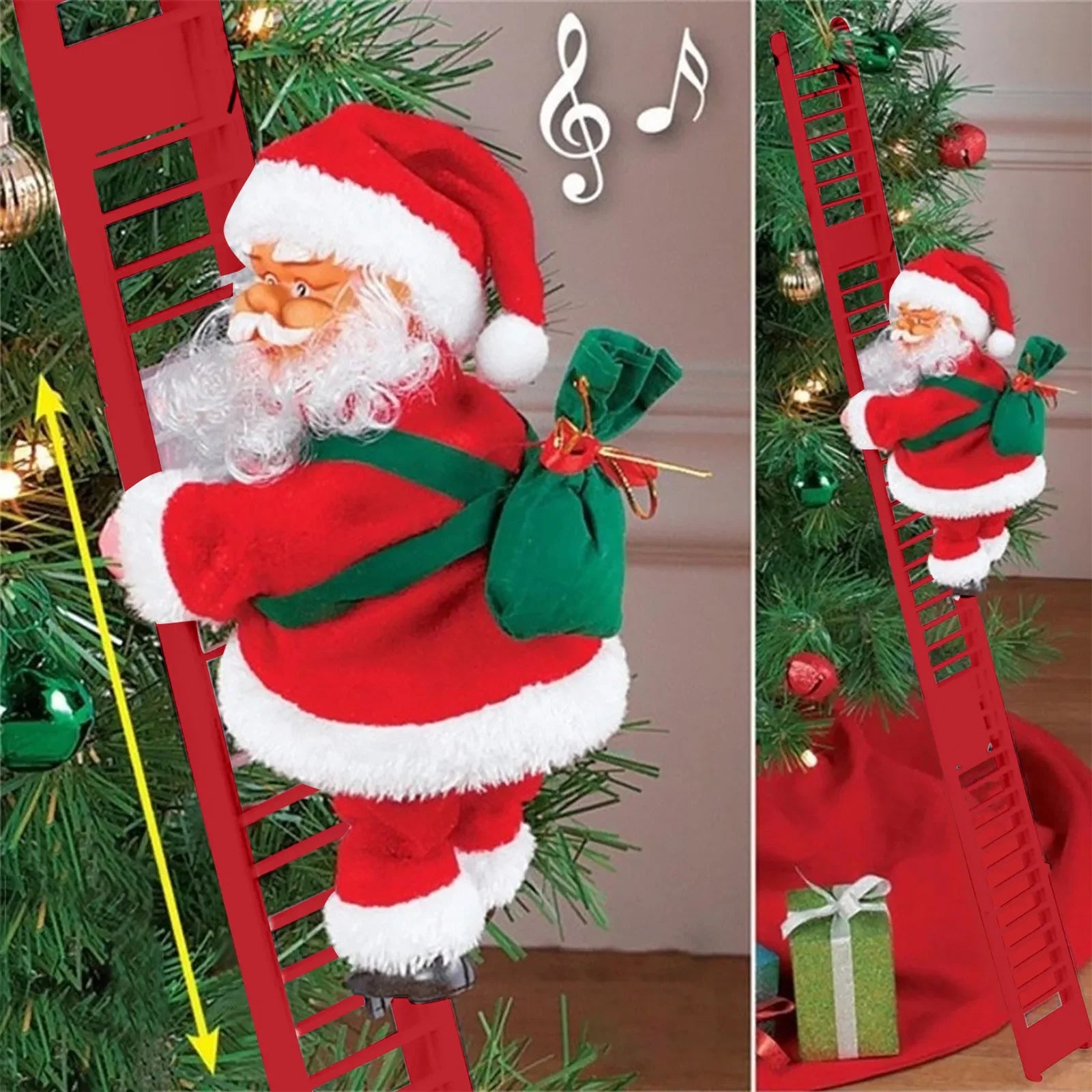 Electric Climbing Ladder Santa Claus with Music & LED Light, Xmas Tree Decorations Hanging Christmas Ornaments Tree Decor